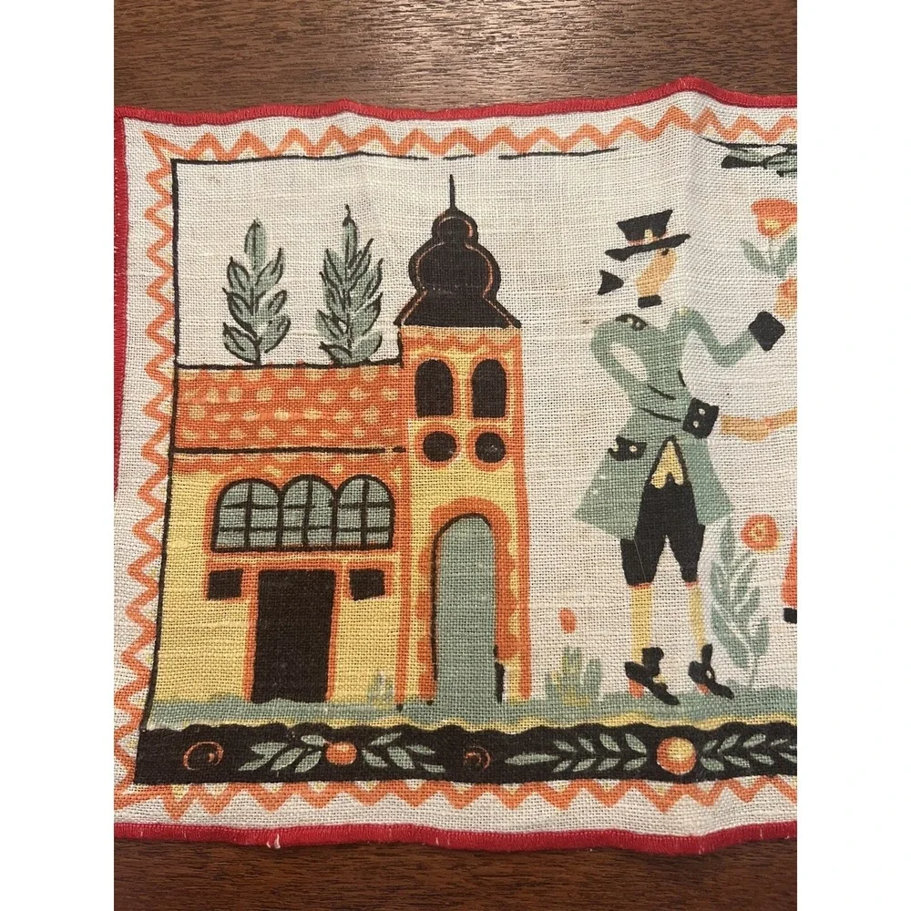 Vintage Tony Sarg Signed Linen Cocktail Napkin Couple Under Fruit Tree 8.5x 13.5